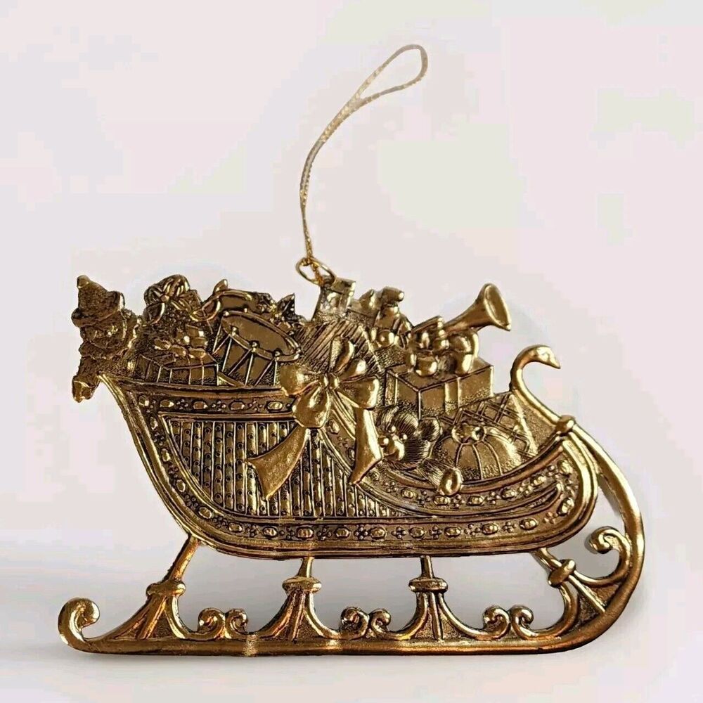 Vtg Christmas Tree Ornament Santa Sleigh Tin Metal Gifts